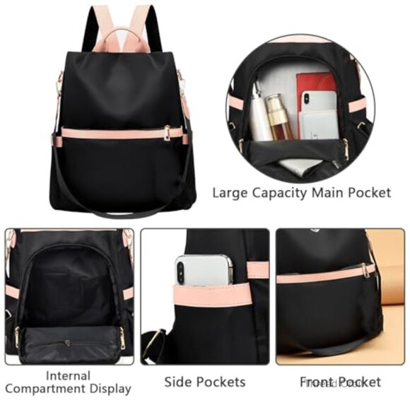Anti-Theft Backpack Purse with Removable Strap, Water-Resistant Oxford Cloth